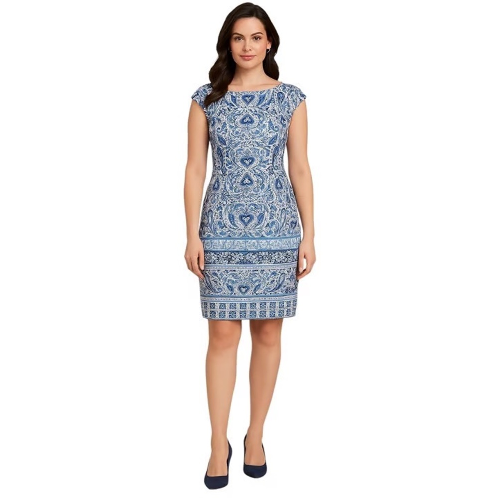 MAGGY LONDON Soft White Blue Printed Pencil Sheath Dress Sz 12 NWT